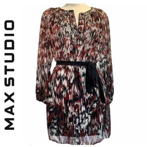 Max Studio red black tan LS dress Sz L